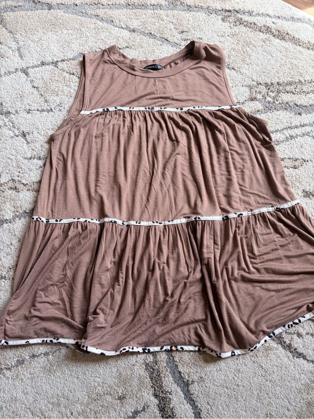 Sleeveless Tiered Tunic with Leopard Contrast Trim - Taupe
